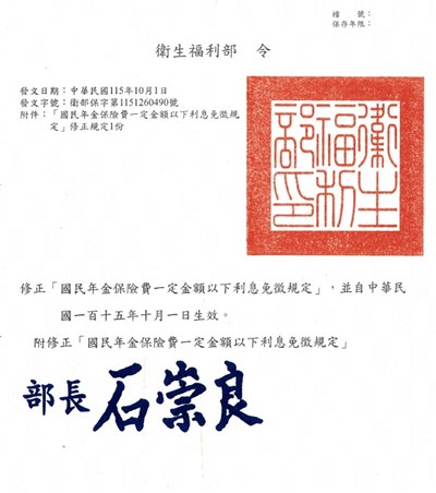 國民年金逾期繳納保險費按月核計之利息免徵金額，由新臺幣30元提高至100元公告